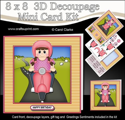8 x 8 Mini Kit with 3d Decoupage - Little Girl Charita Rides her Motor Scooter