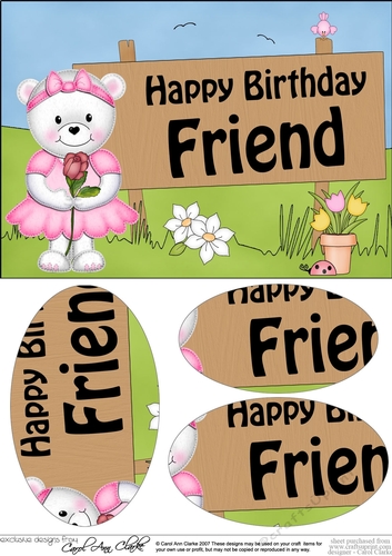 A5 Teddy Tess Happy Birthday FRIEND Oval Pyramage Topper