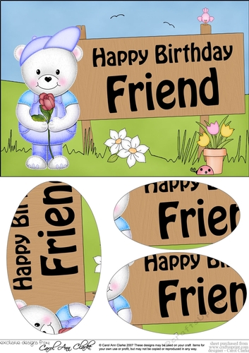A5 Teddy Ed Happy Birthday FRIEND Oval Pyramage Topper