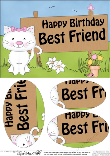 A5 Little Cat Happy Birthday BEST FRIEND Oval Pyramage Topper