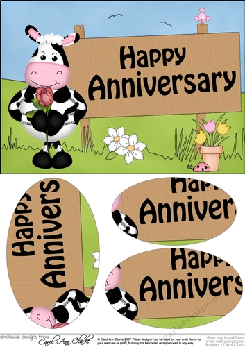 A5 Milly Moo Cow HAPPY ANNIVERSARY Oval Pyramage Topper