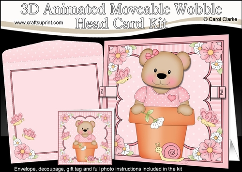 3D Animated Moveable Wobble Head Card Kit - Flower Pot Friends Cute Little Livvy Bear