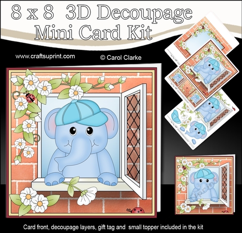 8 x 8 Mini Kit with 3d Decoupage - Through the Window -  Little Levi Elephant