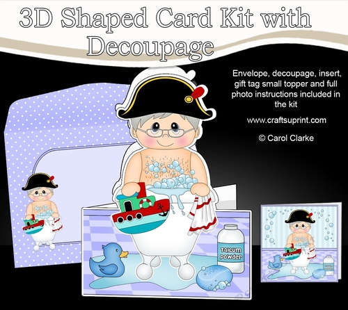 3D Shaped Card  Kit - Bathtub Buddies - Old Man Admiral Erwin plays with his boat in his Bubble Bath