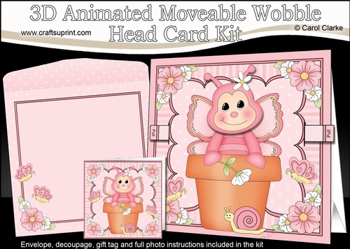 3D Animated Moveable Wobble Head Card Kit - Flower Pot Friends Little Butterfly Puff