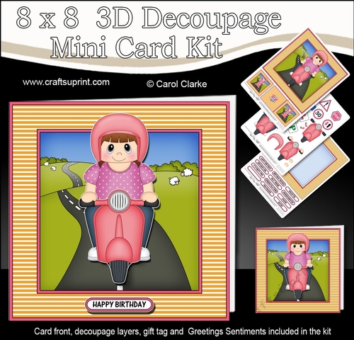 8 x 8 Mini Kit with 3d Decoupage - Little Teen Shanna Rides her Motor Scooter