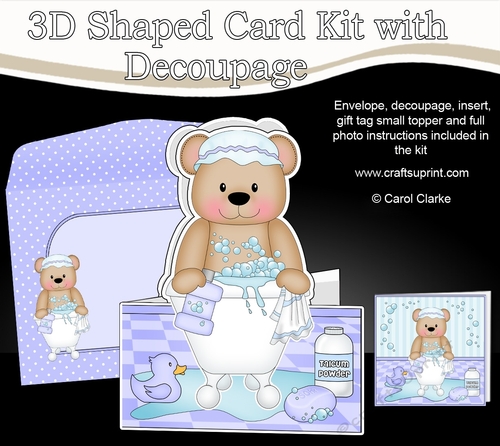 3D Shaped Card  Kit - Bathtub Buddies - Cute Little Austin Bear has a Bubble Bath
