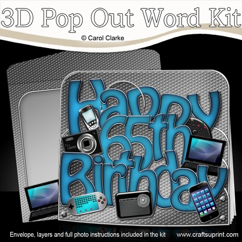 3D HAPPY 65th BIRTHDAY with Gadgets n Gizmos Pop Out Word Card 