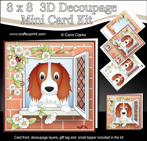8 x 8 Mini Kit with 3d Decoupage - Through the Window - Little Springer Spaniel Dog Baxter