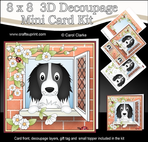 8 x 8 Mini Kit with 3d Decoupage - Through the Window - Little Springer Spaniel Dog Blue