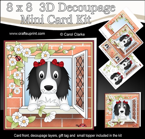 8 x 8 Mini Kit with 3d Decoupage - Through the Window - Little Springer Spaniel Dog Ludo