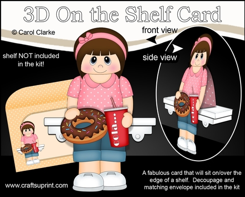 3D On the Shelf Card Kit - Cute Teen Girl Carisa has a Donut & Cola