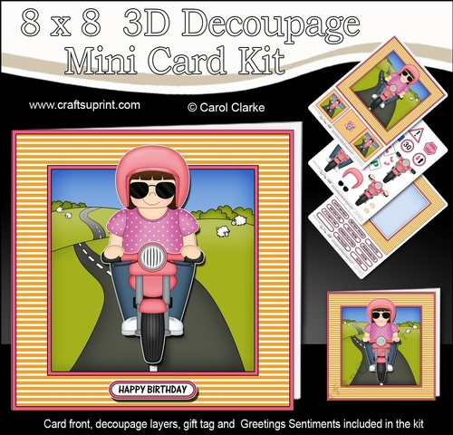 8 x 8 Mini Kit with 3d Decoupage - Britten Rides her Motorbike