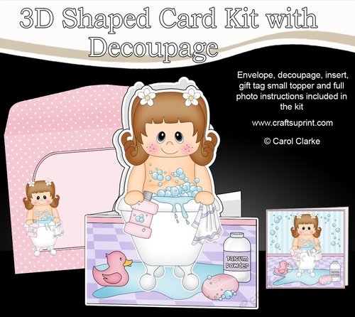 3D Shaped Card  Kit - Bathtub Buddies - Cute Little Girl Catalina has a Bubble Bath