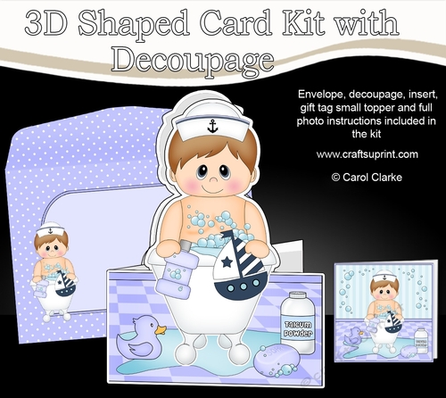 3D Shaped Card  Kit - Bathtub Buddies - Cute Little Boy Brendan has a Bubble Bath