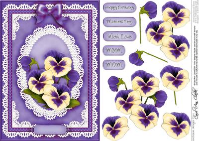 A5 Pansy, Lace and Pearls Quick Card with 3D Decoupage