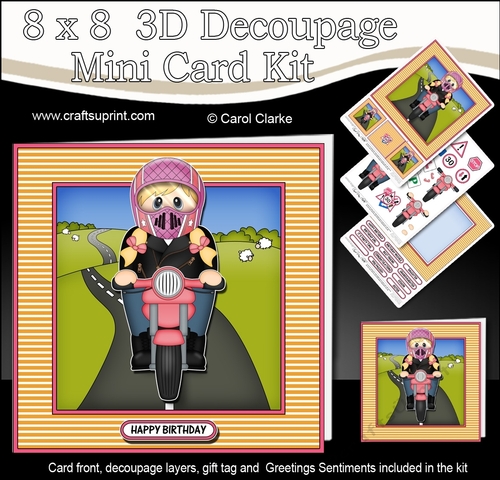 8 x 8 Mini Kit with 3d Decoupage - Teen Bianca Rides her Motorbike