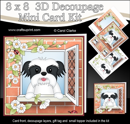8 x 8 Mini Kit with 3d Decoupage - Through the Window - Little Shih Tzu Dog Duke