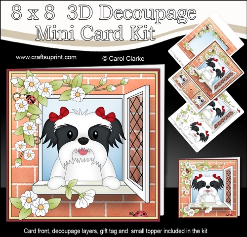 8 x 8 Mini Kit with 3d Decoupage - Through the Window - Little Shih Tzu Dog Daisy