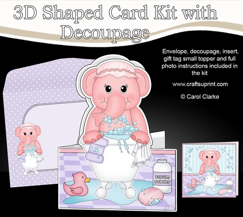 3D Shaped Card  Kit - Bathtub Buddies - Cute Little Lola Elephant has a Bubble Bath