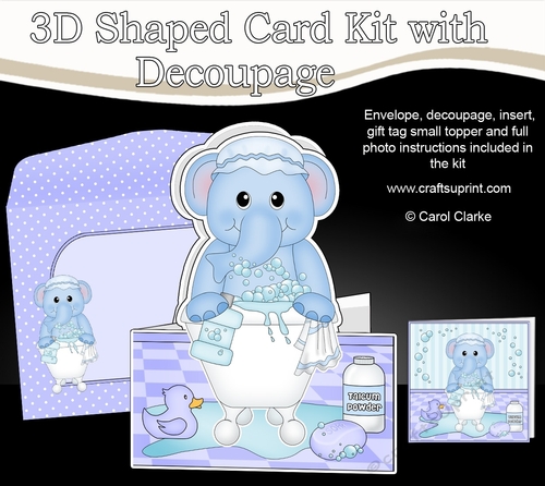 3D Shaped Card  Kit - Bathtub Buddies - Cute Little Levi Elephant has a Bubble Bath