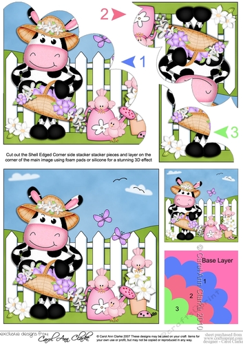 Milly Moo Cow has a basket of pretty flowers Shell Edged Corner Side Stacker