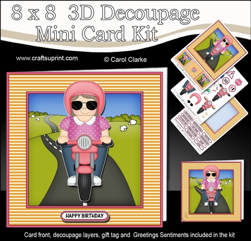 8 x 8 Mini Kit with 3d Decoupage - Older Lady Danica Rides her Motorbike