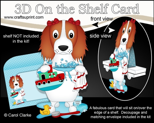 3D On the Shelf Card Kit - Bathtub Buddies - Little Springer Spaniel Dog Petra has a Bubble Bath