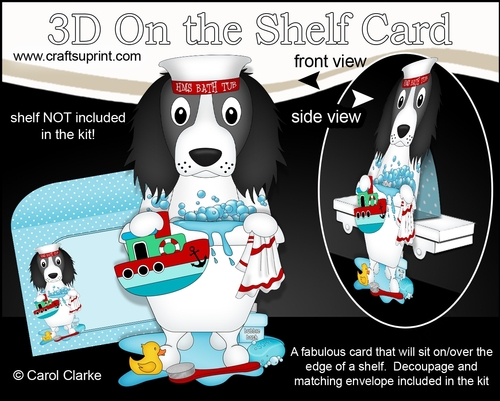 3D On the Shelf Card Kit - Bathtub Buddies - Little Springer Spaniel Dog Blue has a Bubble Bath