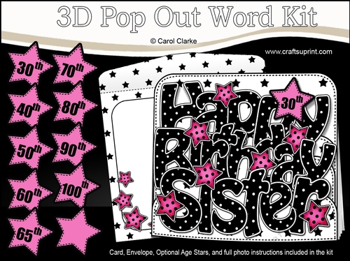 3D Happy Birthday SISTER Stars with Ages 30 to 100 Pop Out Word Card 