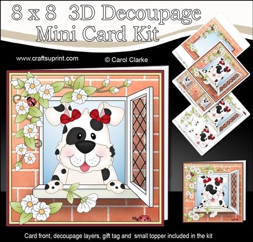 8 x 8 Mini Kit with 3d Decoupage - Through the Window - Little Spotty Dog Mitzi