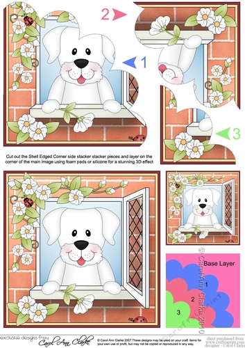 Shell Edged Corner Side Stacker - Through the Window - Cute Little White Labrador Dog 