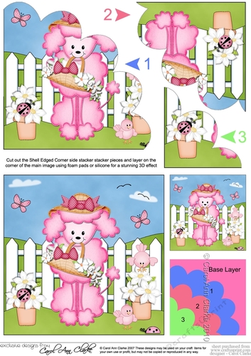 Bon Bon Poodle Dog has a Basket of Pretty Flowers Shell Edged Corner Side Stacker
