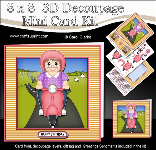 8 x 8 Mini Kit with 3d Decoupage - Older Lady Kathlene Rides her Motor Scooter