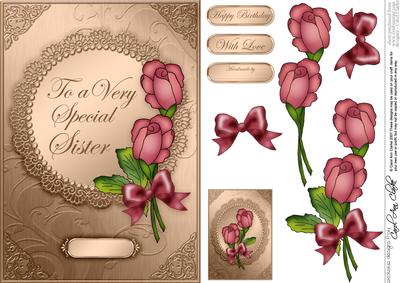 A5 Roses and Metallic Lace Quick Card with 3D Decoupage