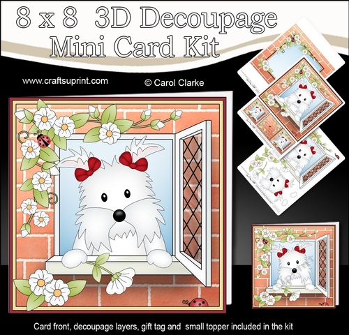 8 x 8 Mini Kit with 3d Decoupage - Through the Window - Little Westie Dog Jess