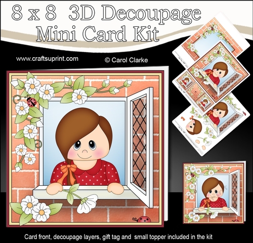 8 x 8 Mini Kit with 3d Decoupage - Through the Window - Cute Little Teen Girl