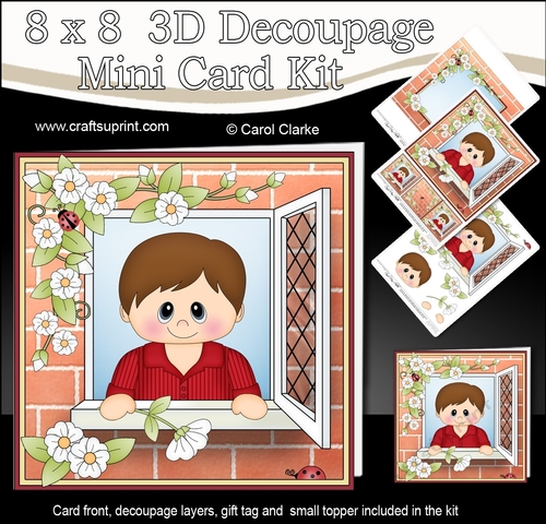 8 x 8 Mini Kit with 3d Decoupage - Through the Window - Cute Little Teen Boy