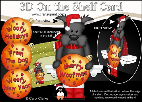 3D Christmas On the Shelf Card Kit - Cute Little Scottie Dog has an Xmas Bauble with Greetings Sentiments Decoupage