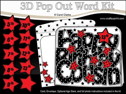 3D Happy Birthday COUSIN Stars with Ages 5 to 13 Pop Out Word Card 