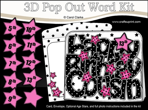3D Happy Birthday COUSIN Stars with Ages 5 to 13 Pop Out Word Card 