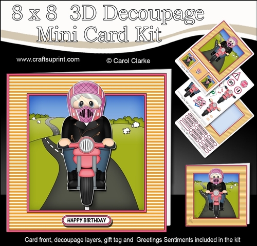 8 x 8 Mini Kit with 3d Decoupage - Old Lady Britta Rides her Motorbike