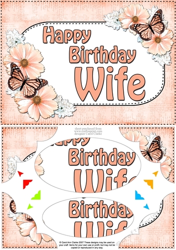 A5 Happy Birthday WIFE Butterflies & Flowers Scallop Corners and Pyramage