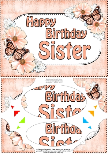 A5 Happy Birthday SISTER Butterflies & Flowers Scallop Corners and Pyramage