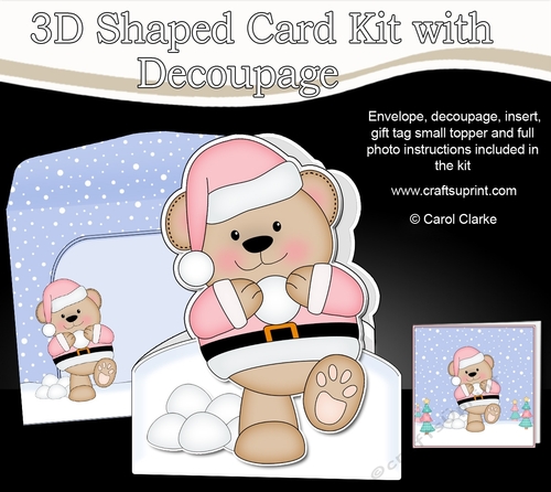 3D Shaped Christmas Card Kit  - Livvy Bear is having a Snowball Fight