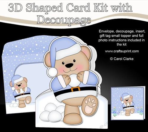 3D Shaped Christmas Card Kit  - Austin Bear is having a Snowball Fight