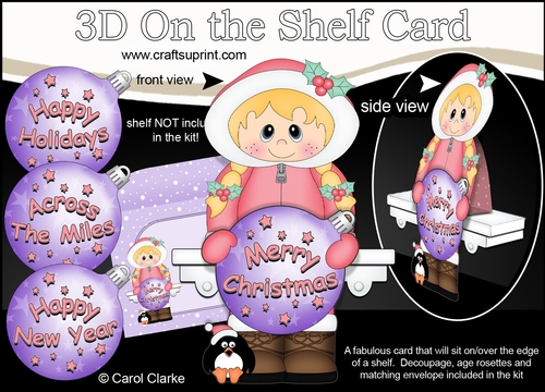 3D Christmas On the Shelf Card Kit -  Cute Little Eskimo has an Xmas Bauble with Greetings Sentiments
