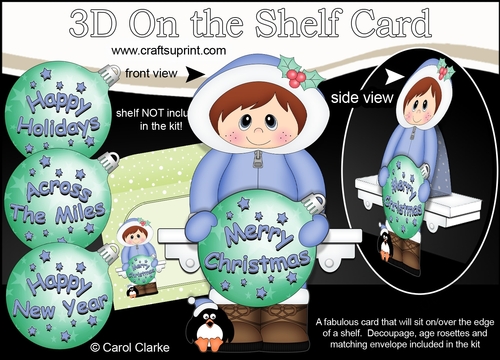 3D Christmas On the Shelf Card Kit -  Cute Little Eskimo has an Xmas Bauble with Greetings Sentiments