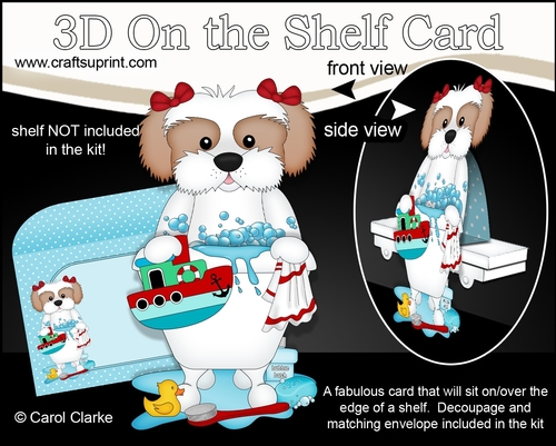 3D On the Shelf Card Kit - Bathtub Buddies - Little Cavachon Dog Button has a Bubble Bath