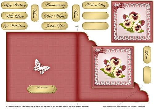 Pansy on Butterfly Lace Cut and Fold Corner Card